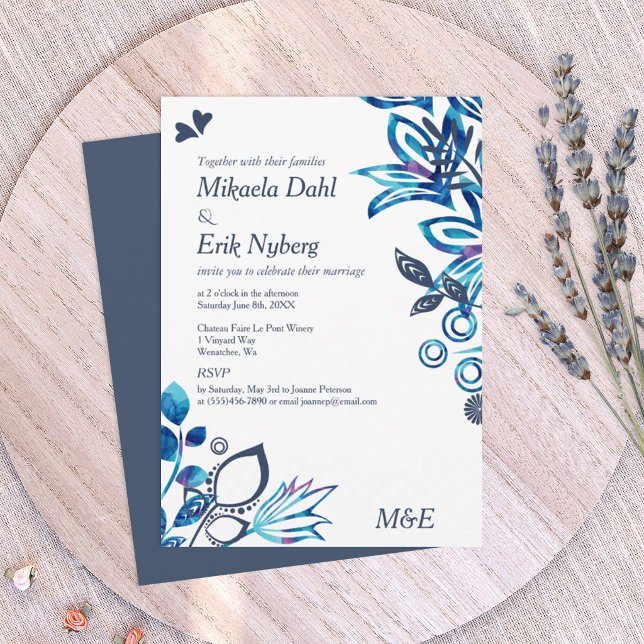 Blue and Blue-Gray Floral Pattern Wedding Invitation (navy blue, light blue, and turquoise wedding invitations, winter blue wedding theme)