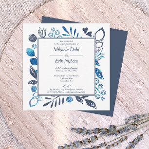 Blue and Blue Gray Leaves Flowers Border Wedding Invitation