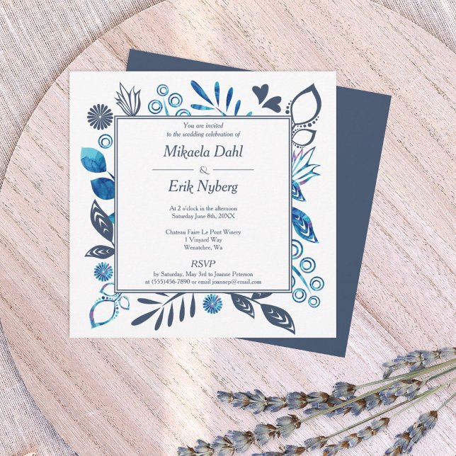 Blue and Blue Gray Leaves Flowers Border Wedding Invitation (navy blue and bright blue floral wedding invitation with decorative, square border frame)