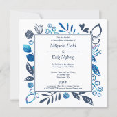 Blue and Blue Gray Leaves Flowers Border Wedding Invitation (Front)