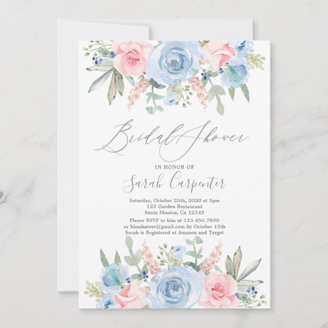 Blue and blush Bridal Shower Invitation (Front)