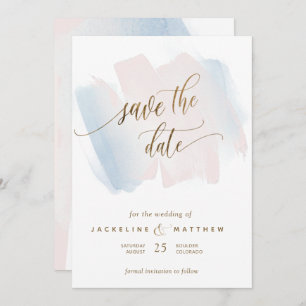 Blue and Blush Brush Strokes, Minimal Wedding Save The Date