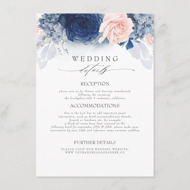 Blue and Blush Colored Flowers Wedding Information Enclosure Card