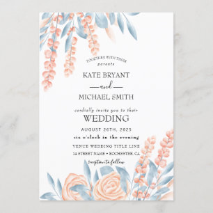 Blue and Blush Dusty Floral Wedding Invitation