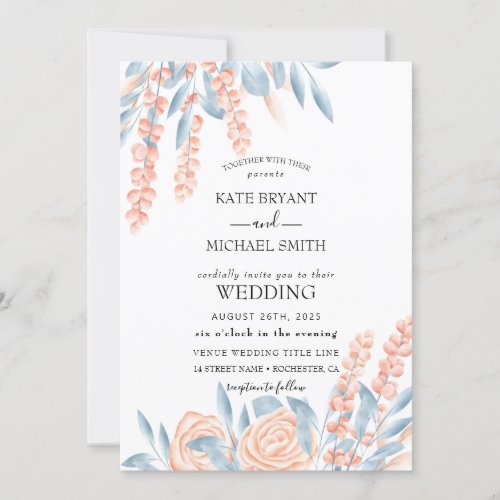 Blue and Blush Dusty Floral Wedding Invitation