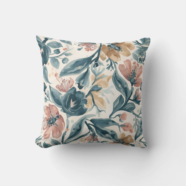 Blue and Blush Floral Pattern Throw Pillow (Front)