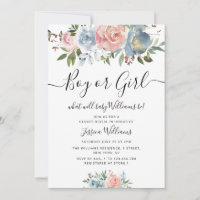 blue and blush flowers baby gender reveal invitation