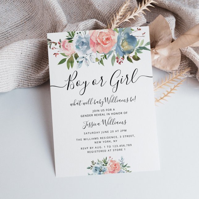 blue and blush flowers baby gender reveal invitation (Creator Uploaded)