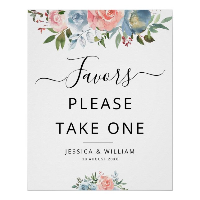 blue and blush flowers Favors sign (Front)