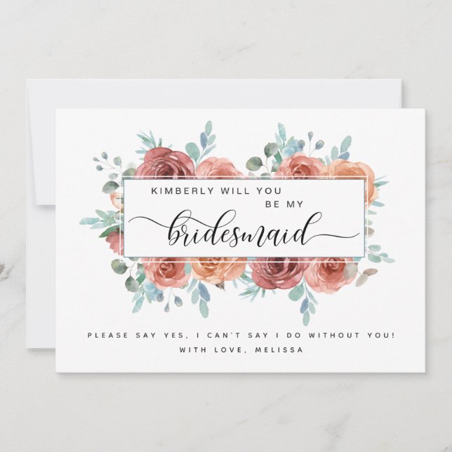 Blue and Blush Pink Floral Be My Bridesmaid Card (Front)