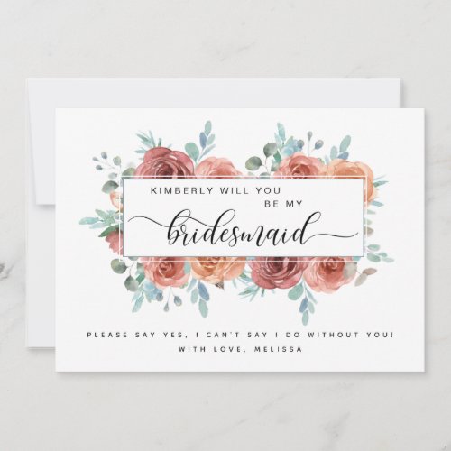 Blue and Blush Pink Floral Be My Bridesmaid Card