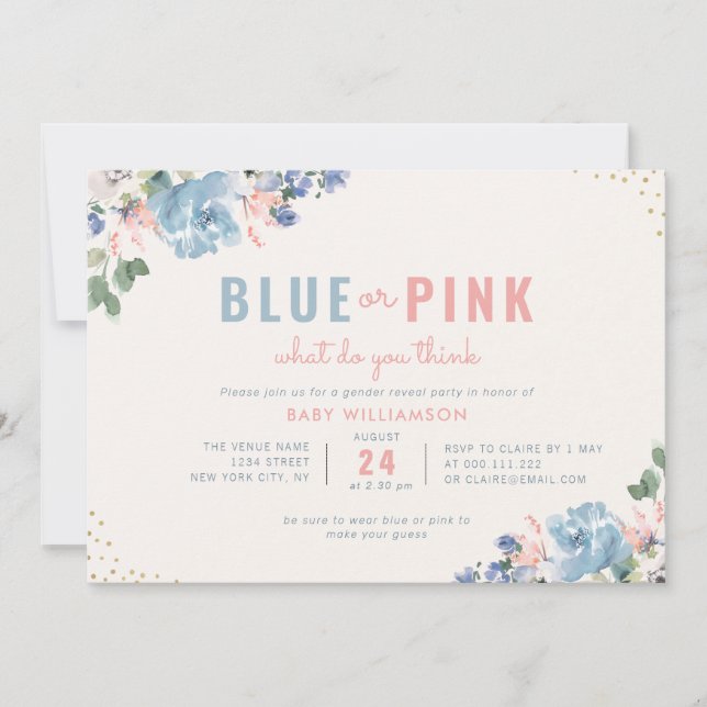 blue and blush pink floral gender reveal party invitation (Front)