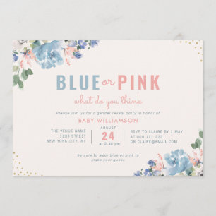 blue and blush pink floral gender reveal party invitation
