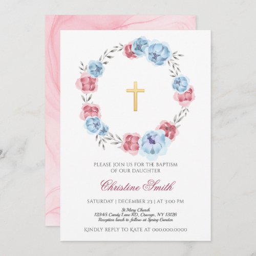 Blue And Blush Pink Floral Girl Boy Baptism  Invitation