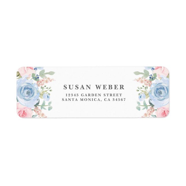 Blue and blush pink watercolor floral invitation label (Front)