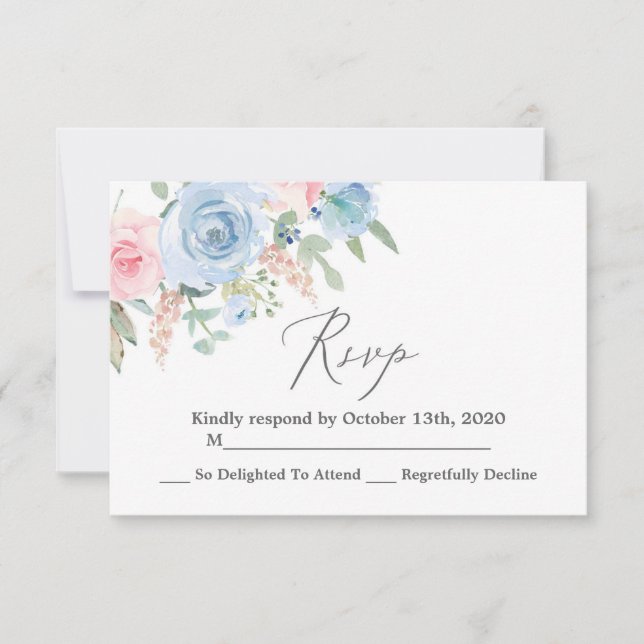 Blue and blush RSVP wedding card (Front)