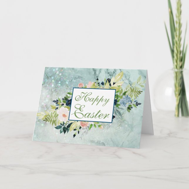Blue and Blush Watercolor Spring Bouquet Easter Card (Front)