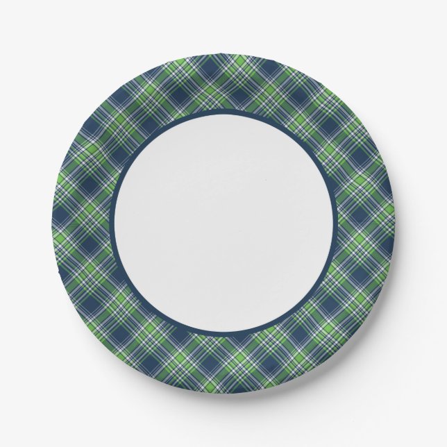 Blue and Bright Green Sporty Plaid Border Paper Plates (Front)