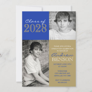 Blue and Bronze Gold Classic 2 Photo Graduation Invitation