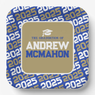 Blue and Bronze Gold Personalized Graduation Paper Plates