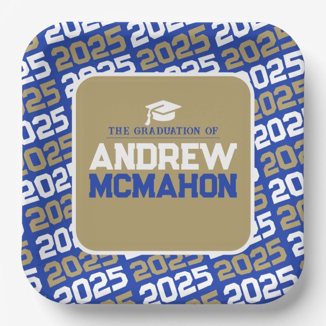 Blue and Bronze Gold Personalized Graduation Paper Plates (Front)