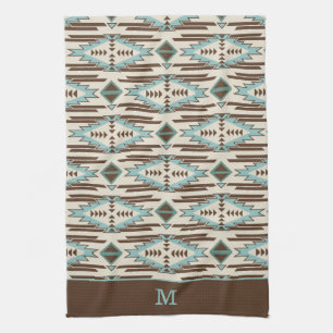 Blue and Brown Aztec Tribal Pattern Monogram Kitchen Towel
