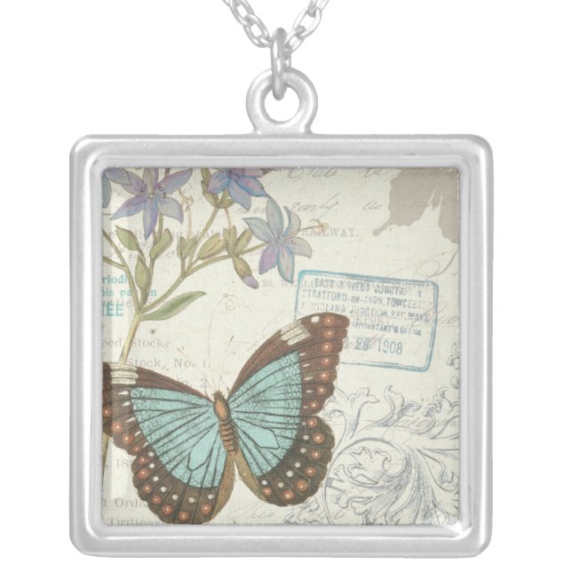 Blue and Brown Butterfly Silver Plated Necklace (Front)