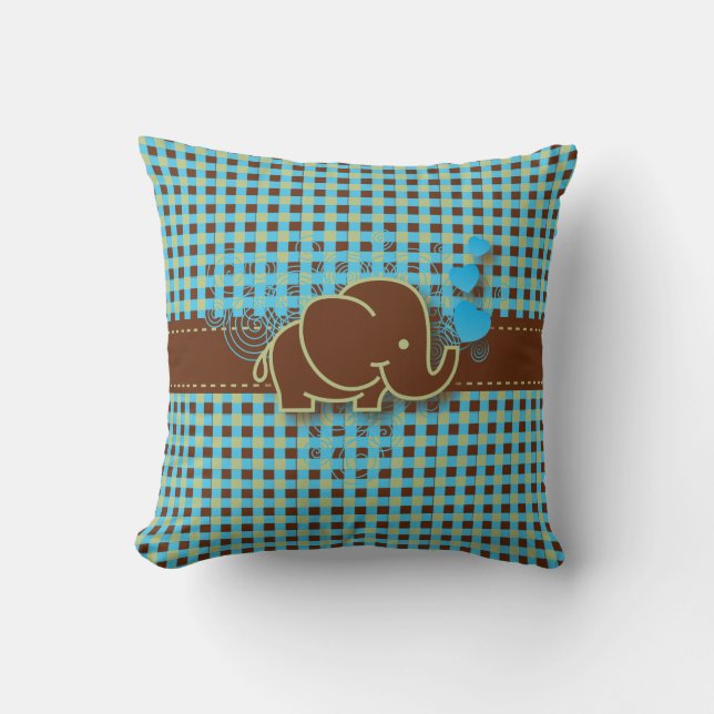 Blue and Brown Checkered Baby Elephant Throw Pillow (Front)