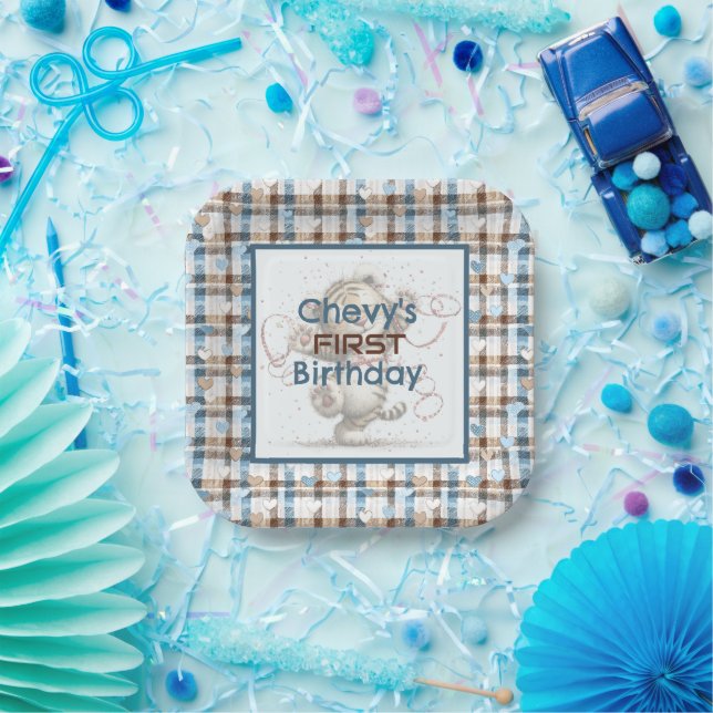 Blue and Brown Checkered Hearts   Paper Plates (Party)