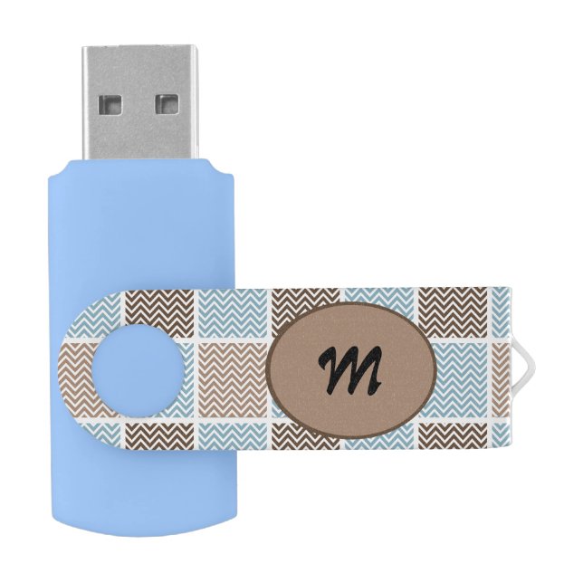 Blue and Brown Chevron Personalized Flash Drive (Opened)