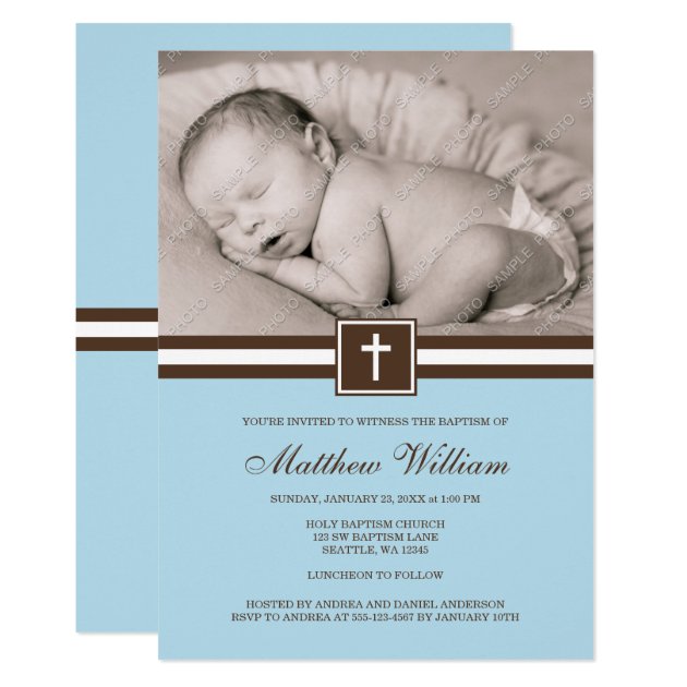 Blue And Brown Cross Boy Photo Baptism Card