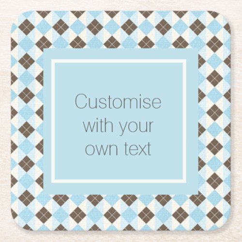 Blue and Brown Custom Text Argyle Pattern Square Paper Coaster