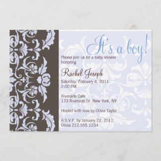 Blue and Brown Damask Baby Shower Invitation