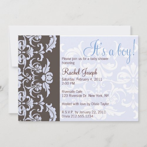 Blue and Brown Damask Baby Shower Invitation