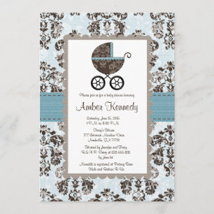 Blue and Brown Damask Baby Shower Invitations