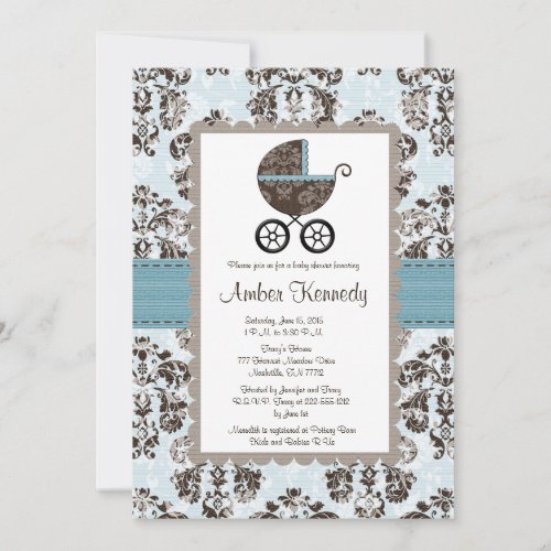 Blue and Brown Damask Baby Shower Invitations