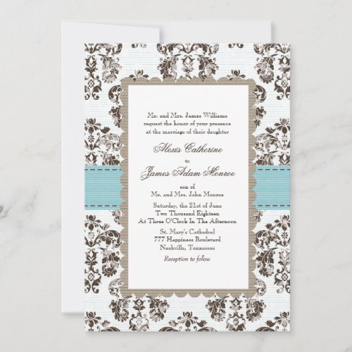 Blue and Brown Damask Wedding Invitations