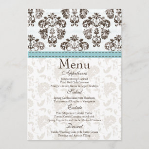 Blue and Brown Damask Wedding Menu Card