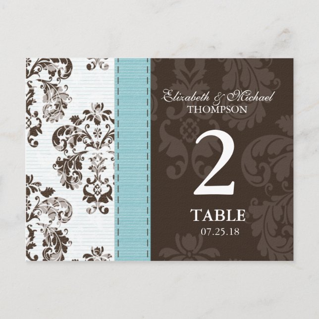 Blue and Brown Damask Wedding Table Number (Front)
