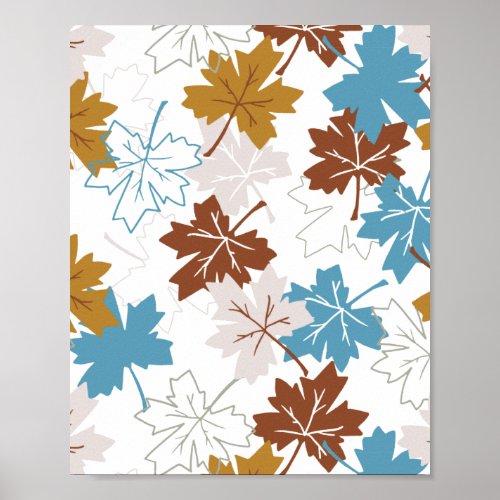 Blue And Brown Falling Maple Leaves Autumn Pattern Poster