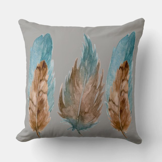 Blue and Brown Feather Throw Pillow (Front)