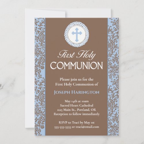 Blue and Brown Floral Outlines First Communion Invitation