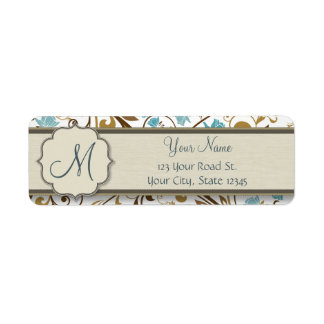 Blue and Brown Floral Vine Pattern with Monogram Label
