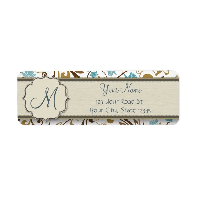 Blue and Brown Floral Vine Pattern with Monogram Label (Front)