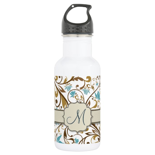 Blue and Brown Floral Vine Pattern with Monogram Water Bottle (Front)