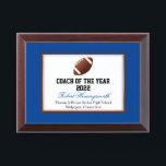 Blue and Brown Football Coach Award Plaque<br><div class="desc">Sports themed award plaque done in a blue background,  with graphics of a brown framed white text area,  with a brown football,  at the top.  Personalize the custom text fields for your school's award ceremony.</div>
