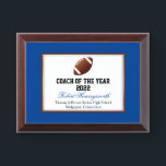 Blue and Brown Football Coach Award Plaque<br><div class="desc">Sports themed award plaque done in a blue background,  with graphics of a brown framed white text area,  with a brown football,  at the top.  Personalize the custom text fields for your school's award ceremony.</div>