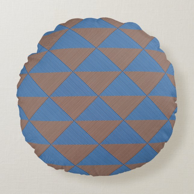 Blue and Brown Geometric Diamond Pattern | Modern  Round Pillow (Front)