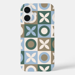 Blue and Brown Geometric Tile Mosaic Pattern iPhone 16 Case