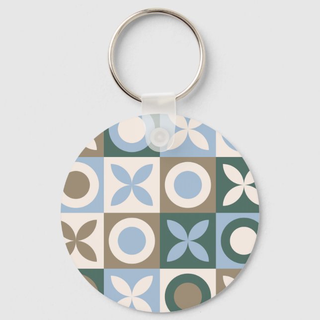 Blue and Brown Geometric Tile Mosaic Pattern Keychain (Front)